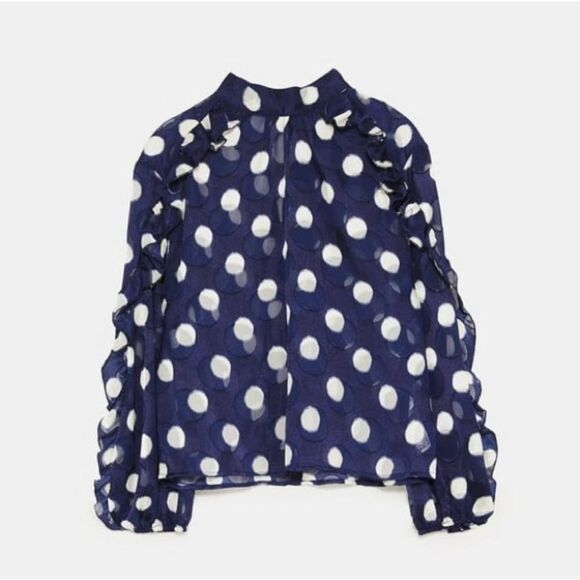Zara EUC Semi Sheer Polkadot Navy White Ruffled Blouse Size XS - Picture 6 of 13